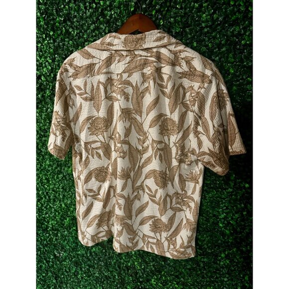Vox Populi NWT collared button up Hawaiian floral leaves shirt sz Medium tan - Picture 2 of 5